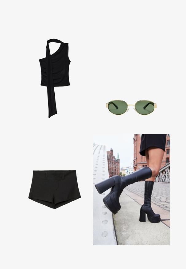 Czarny bezrękawnik z pojedynczym ramiączkiem, z płynącym, drapowanym akcentem i marszczoną teksturą po boku. Wykonany z miękkiego materiału.; Czarne bawełniane szorty o dopasowanym kroju, z wysokim stanem i kieszeniami bocznymi. Materiał ma gładką strukturę i minimalną ilość szwów.; Czarne, sięgające kolan botki na platformie wykonane z gładkiej skóry, z grubymi kwadratowymi obcasami i eleganckim designem, w tle miejskim.; Złote okulary przeciwsłoneczne w metalowej oprawie z zielonymi soczewkami, o owalnym kształcie, czarnymi zausznikami i przezroczystymi noskami. Czysty, minimalistyczny design.; Czarna skórzana torba na ramię z akcentami w kolorze złotym, wyposażona w charakterystyczne zapięcie, odpinany pasek na ramię oraz teksturowaną powierzchnię.