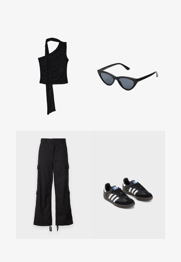 Czarny bezrękawnik z pojedynczym ramiączkiem, z płynącym, drapowanym akcentem i marszczoną teksturą po boku. Wykonany z miękkiego materiału.; Czarne spodnie cargo wykonane z wytrzymałego materiału, z bocznymi kieszeniami, zapięciem na guzik, szerokimi nogawkami oraz regulowanymi sznureczkami na dole.; Czarne sneakersy z zamszową i syntetyczną cholewką, wyposażone w trzy białe paski, teksturowaną gumową podeszwę oraz niebieską metkę z logo na języku.; Czarne okulary przeciwsłoneczne w kształcie kocich oczu z ciemnoszarymi soczewkami, smukłym plastikowym oprawie, spiczastymi rogami i prostymi zausznikami. Brak widocznych elementów metalowych lub akcentów.
