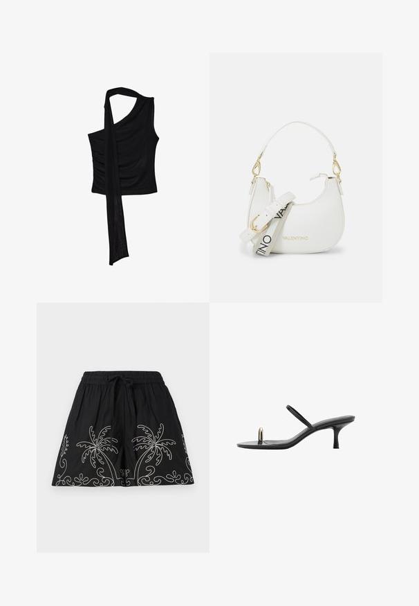 Černý bezramenný top s jedním ramenním popruhem, se splývavým akcentem a nařasenou texturou na boku. Vyroben z měkké tkaniny.; Černé šortky s elastickým pasem a šňůrkou. Vlastnosti zahrnují bílé výšívané palmy a spirálovité vzory podél spodního lemu. Měkká textilie.; Černé sandály na vysokém podpatku s elegantním designem, které mají tenké popruhy a jedinečný přední akcent. Hladký povrch s špičatou špičkou a 7,5 cm podpatkem.; Bílá kabelka s zakřivenou siluetou, texturovaná kůže, zlaté kovové detaily a odnímatelný popruh s logem a přezkovým detailem.