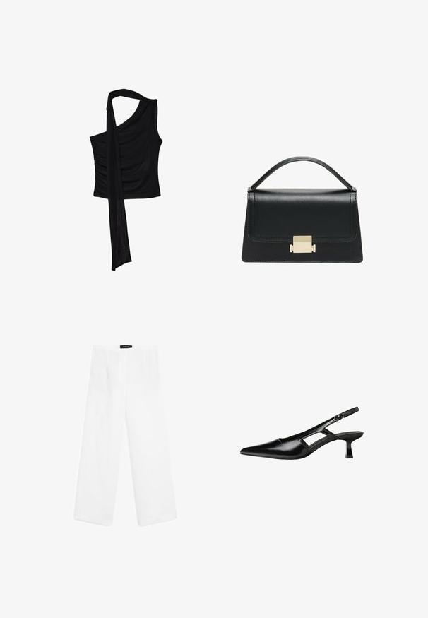 Sort ærmeløs top med en enkelt skulderrem, der har en flydende, draperet accent og samlet sidelægned. Lavet af et blødt stof.; Hvide linned bukser med vide ben og en glat tekstur, der har en mid-rise talje, to forlommer og et enkelt design.; Sorte patentlæder slingback hæle med spids tå, udskåret sideskærm og en lille firkantet hæl. Glat tekstur med minimale detaljer.; Sort læderhandtaske med et struktureret design, topbærerhåndtag og en detalje i guldfarvet metalklap på fronten. Glat tekstur, minimal syning.