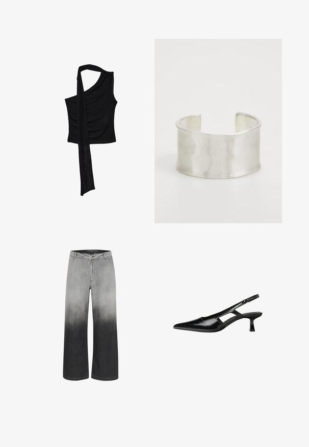 Schwarzes ärmelloses Oberteil mit einem einzelnen Schulterriemen, das eine fließende, drapierte Akzentuierung und geraffte Seitenstruktur aufweist. Hergestellt aus einem weichen Stoff.; Wide-Leg-Jeans in einem Graadiant von Grau, der von hell nach dunkel übergeht. Aus Denim gefertigt, mit Knopfverschluss und traditionellem 5-Taschen-Design.; Schwarze Lackleder-Slingback-High Heels mit spitzer Zehenform, ausgeschnittenem Seitendesign und kleinem Blockabsatz. Glatte Textur mit minimalen Akzenten.; Zign Armband - silver-coloured