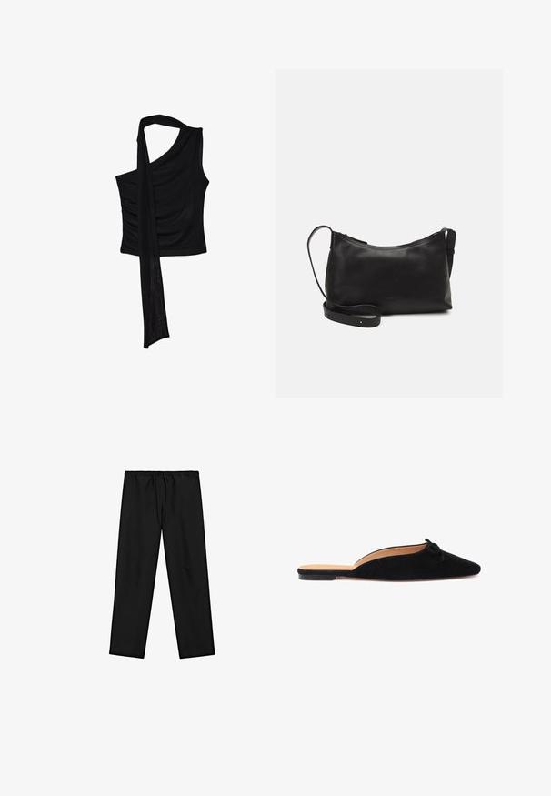 Haut sans manches noir avec une seule bretelle, mettant en valeur un accent fluide et drapé ainsi qu'une texture froncée sur le côté. Fabriqué à partir d'un tissu doux.; Pantalons noirs, à coupe ample, avec une taille élastique et un cordon de serrage. Comprend deux poches latérales et une texture lisse. Design décontracté.; Bottine noire en daim à enfiler avec un bout pointu et un petit nœud décoratif sur le dessus, dotée d'une semelle plate et d'un dos ouvert.; Sac à épaule en cuir noir avec une texture lisse, une forme courbée, une bandoulière ajustable et une fermeture éclair. Design minimaliste sans embellissements.