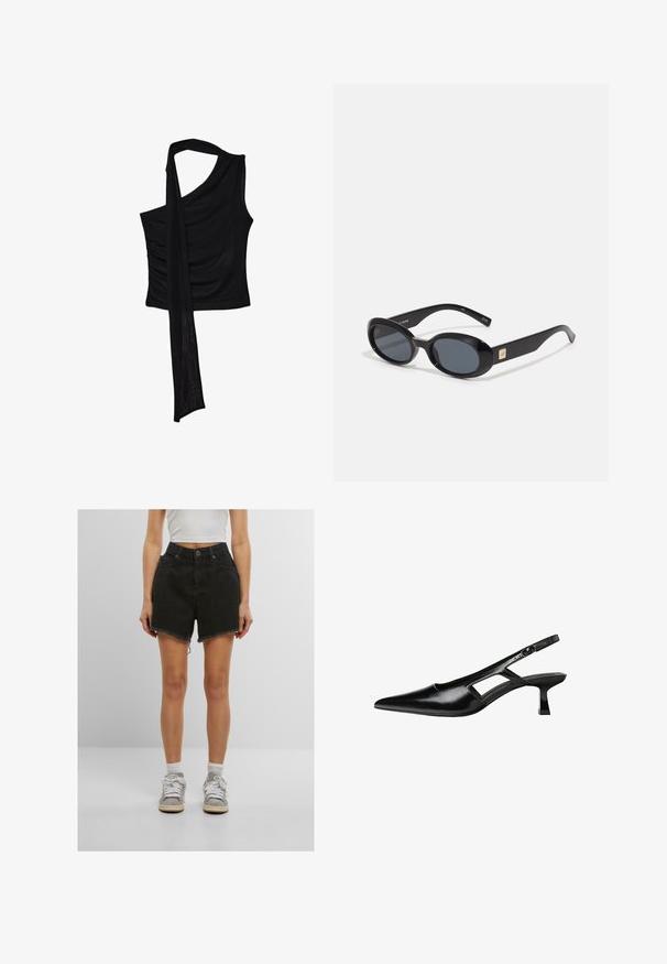 Crni bezrukavni top s jednim naramenicom, koji ima lepršavi, drapirani detalj i nabran teksturirani bočni dio. Izrađen od mekog materijala.; Crne traper kratke hlače visokog struka, s neurednim rubom i bočnim džepovima, uparene s bijelim tenisicama i čarapama do gležnja.; Crne lakirane natikače na remenčić sa špicastim nosom, dizajnom sa izrezima sa strane i malim kvadratnim potplatom. Glatka tekstura s minimalnim akcentima.; Crne ovalne sunčane naočale s tamnim staklima, sjajnim plastičnim okvirom, širokim krakovima i malim zlatnim detaljem s jedne strane.; Bijela torba s zakrivljenim siluetom, teksturirana koža, zlatni hardver i izmjenjiva traka s detaljima logotipa i kopčom.