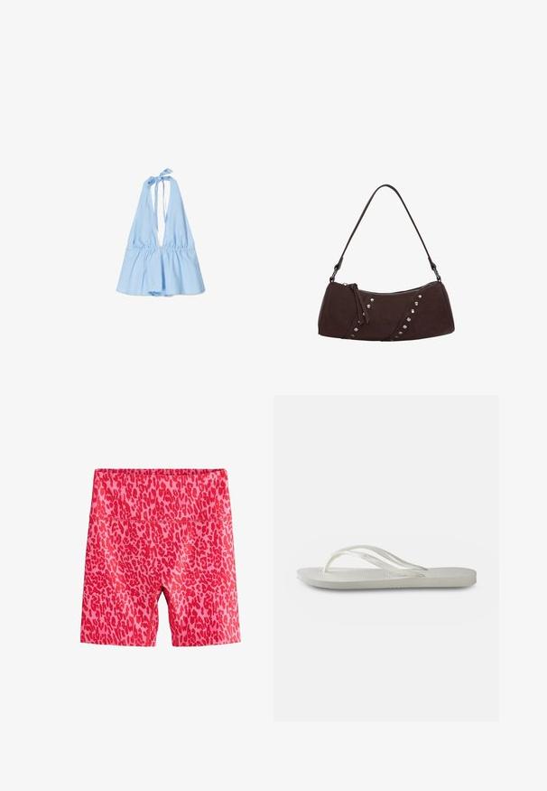 Világoskék, pántos felső, gumirozott derékövvel és bővülő aljjal. Puha, könnyű anyagból készült. A nyaknál megkötős.; Rózsaszín rövidnadrág, vörös leopárdmintával. Rugalmas anyagból készült, magas derék és térd alá érő fazon jellemzi.; Fehér flip-flop, textúrált talppal, vékony pántokkal és lapos kialakítással. Gumi anyagból készült, finom logóval a talprészén.; Barna szintetikus bőrből készült kézitáska, ívelt formával, cipzáras záródással és díszes ezüst tüskékkel az egyik oldalon. Rövid vállpánttal rendelkezik.