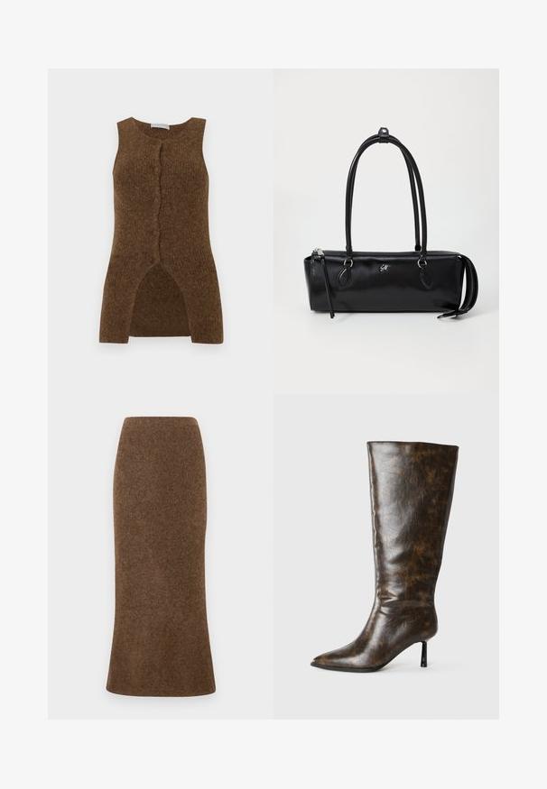 Hnedá pletená bezrukávová vesta s predným zapínaním na gombíky, rozdeleným lemom a mäkkou textúrou, navrhnutá na vrstvenie.; Hnedá, priliehavá vlnená sukňa s rozšíreným lemom, prezentujúca mäkkú, textúrovanú tkaninu. Žiadne viditeľné zapínanie ani ozdoby.; Hnedé opotrebované kožené čižmy po kolená s špicatou špičkou a tenkým ihlovým podpätkom na bielom pozadí.; Čierna kožená kabelka s obdĺžnikovým tvarom, hladkým povrchom, dvoma uchami, zipsom na uzatvorenie a malým logom na prednej strane.