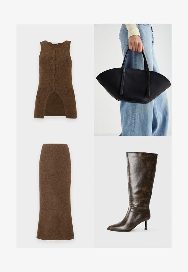 Pruunist kudumistest ilmaülikonnast, millel on ees nupud, jagatud äär ja pehme tekstuur, mis on loodud kihiliseks kandmiseks.; Pruun, lihvitud villaseelik flared alläärega, mis näitab pehmet, tekstuurset kangast. Ilma nähtavate kinnituste või kaunistusteta.; Pruunid kulunud nahast põlvikud koos terava varbaga ja õhuke stiletto konts valgel taustal.; Must mustra kott, millel on unikaalne fännikujuline disain, millel on lapikud käepidemed. Pinna tekstuur on kivikujuline ja disain on minimalistlik.
