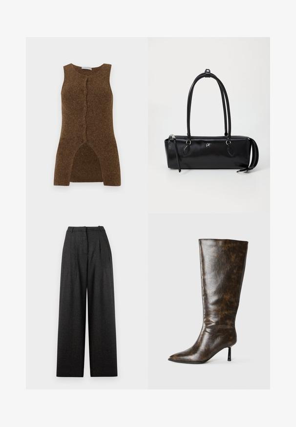 Brun stickad ärmlös väst med framknäppning, delad fåll och mjuk textur, designad för att bära i lager.; Videbyxor i mörkgrått rutmönster, med hög midja, veck och en strukturerad passform. Tillverkade av texturerad tyg.; Brun sliten läder knähöga stövel med spetsig tå och tunn stiletto-klack mot en vit bakgrund.; Svart läderhandväska med rektangulär form, slät yta, två handtag, blixtlås och en liten logotyp framtill.
