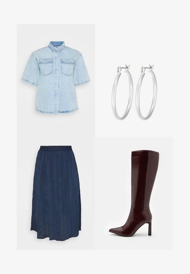 Helles Blues Denimhemd mit kurzen Ärmeln, ausgestattet mit zwei Fronttaschen und verziert mit kleinen silbernen Nieten entlang des gesamten Hemdes.; Dunkelblaumann gefalteter Rock mit einem Bund, der wellenförmige Kanten aufweist. Aus leichtem Stoff gefertigt, hat der Rock ein fließendes Design und eine weiche Textur.; Even&Odd Stiefel - dark red; Silberne Creolen mit einer glatten, polierten Oberfläche. Runder Form und sicherem Klickverschluss. Leichtes Design, geeignet für den täglichen Gebrauch.