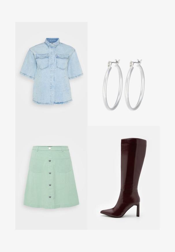 Svetlo modra denim srajca s kratkimi rokavi, ki ima dva sprednja žepka in je okrašena z majhnimi srebrnimi žebljički.; Minta zelena denim krila s gumbom, dvema sprednjima žepoma in razširjenim krojem. Teksturovan material z vidnimi šivi.; Even&Odd Škornji - dark red; Srebrni obroči za ušesa z gladko, polirano površino. Okrogla oblika in varna zaponka s klikom. Lahka zasnova, primerna za vsakodnevno nošenje.