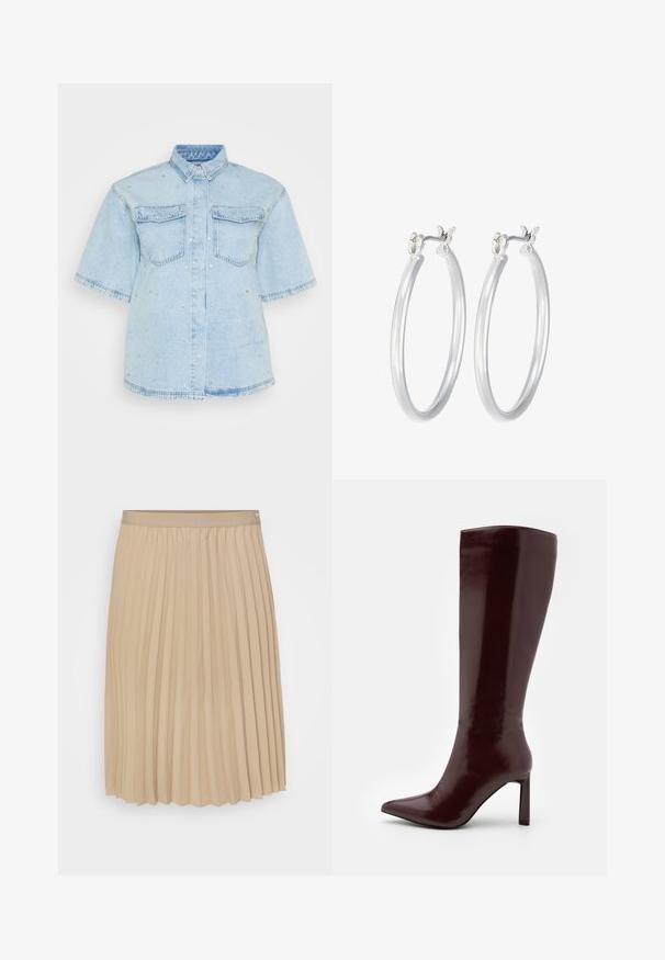 Lys blå denimskjorte med korte ærmer, der har to forlommer og er pyntet med små sølvnitter overalt.; Beige plisseret nederdel med en flad talje. Stoffet er glat og har lodrette folder samt en kant med bølger. Elegant og simpel design.; Even&Odd Høje støvler/ Støvler - dark red; Sølv hoop øreringe med en glat, poleret overflade. Rund form og sikker klik-lukning. Letvægtsdesign, der er velegnet til hverdagsbrug.