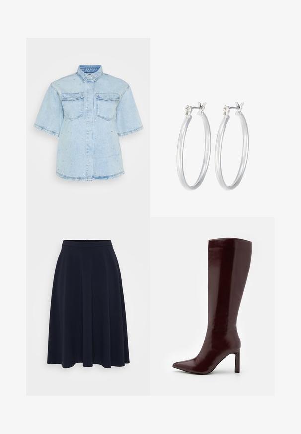 Svetlo modra denim srajca s kratkimi rokavi, ki ima dva sprednja žepka in je okrašena z majhnimi srebrnimi žebljički.; Persona by Marina Rinaldi GETTI - Krilo A-kroja - midnight blue; Even&Odd Škornji - dark red; Srebrni obroči za ušesa z gladko, polirano površino. Okrogla oblika in varna zaponka s klikom. Lahka zasnova, primerna za vsakodnevno nošenje.