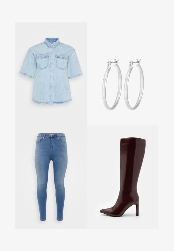 Gai zils džinsa krekls ar īsām piedurknēm, ar divām priekšējām kabatām un rotāts ar mazām sudraba pīrsingiem visā. ; Šauri džinsi gaiši zila džinsa audumā. Iespējas: pieci kabatas, augsta jostasvieta un gluda tekstūra ar vieglu izbalējuma apdari.; Even&Odd Zābaki - dark red; Sudraba riņķveida auss gredzeni ar gludu, pulētu apdari. Apaļa forma un drošs klikšķa augšējais slēgums. Viegls dizains, kas piemērots ikdienas valkāšanai.