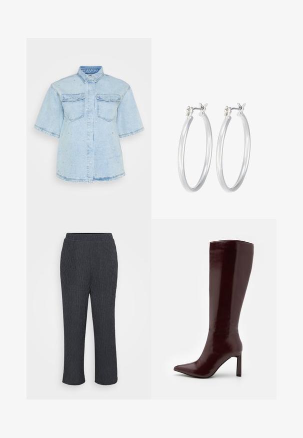 Lys blå denimskjorte med korte ærmer, der har to forlommer og er pyntet med små sølvnitter overalt.; Mørkegrå bukser med en tekstureret, ribbet design, udstyret med en elastisk talje og tætsiddende ben. Fremstillet af letvægts, blødt materiale.; Even&Odd Høje støvler/ Støvler - dark red; Sølv hoop øreringe med en glat, poleret overflade. Rund form og sikker klik-lukning. Letvægtsdesign, der er velegnet til hverdagsbrug.