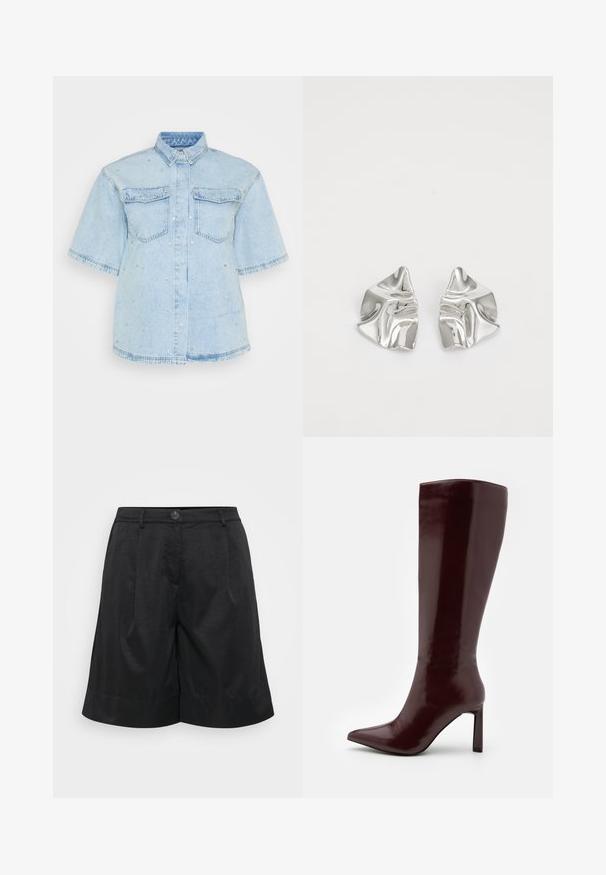 Šviesiai mėlyna džinsinė marškinė su trumpomis rankovėmis, turinti dvi priekines kišenes ir papuošta mažais sidabriniais blizgučiais visame paviršiuje.; Juodi šortai su tekstūruota medžiaga, su priekyje esančia mygtuko uždarymo sistema, raukšlėmis, manžetėmis ir šoninėmis kišenėmis.; Even&Odd Batai - dark red; Sidabriniai metaliniai Auskarai su banginiu, skulptūriniu dizainu, pasižymintys poliruotu paviršiumi ir nereguliariomis formomis, išryškinančiomis šiuolaikišką estetiką.