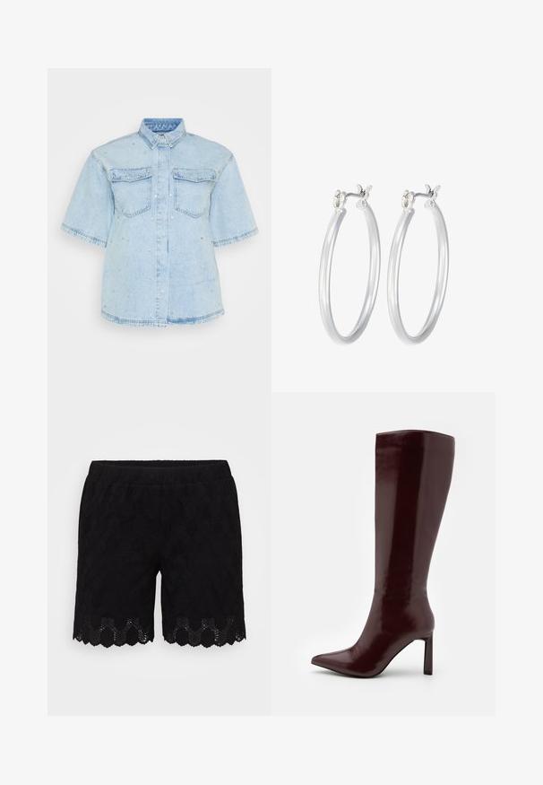 Gai zils džinsa krekls ar īsām piedurknēm, ar divām priekšējām kabatām un rotāts ar mazām sudraba pīrsingiem visā. ; Melnas mežģīņu šorti ar viļņotu apakšmalu un dimanta rakstu. Elastīga jostasvieta ērtībai. Viegls un elpojošs materiāls.; Even&Odd Zābaki - dark red; Sudraba riņķveida auss gredzeni ar gludu, pulētu apdari. Apaļa forma un drošs klikšķa augšējais slēgums. Viegls dizains, kas piemērots ikdienas valkāšanai.