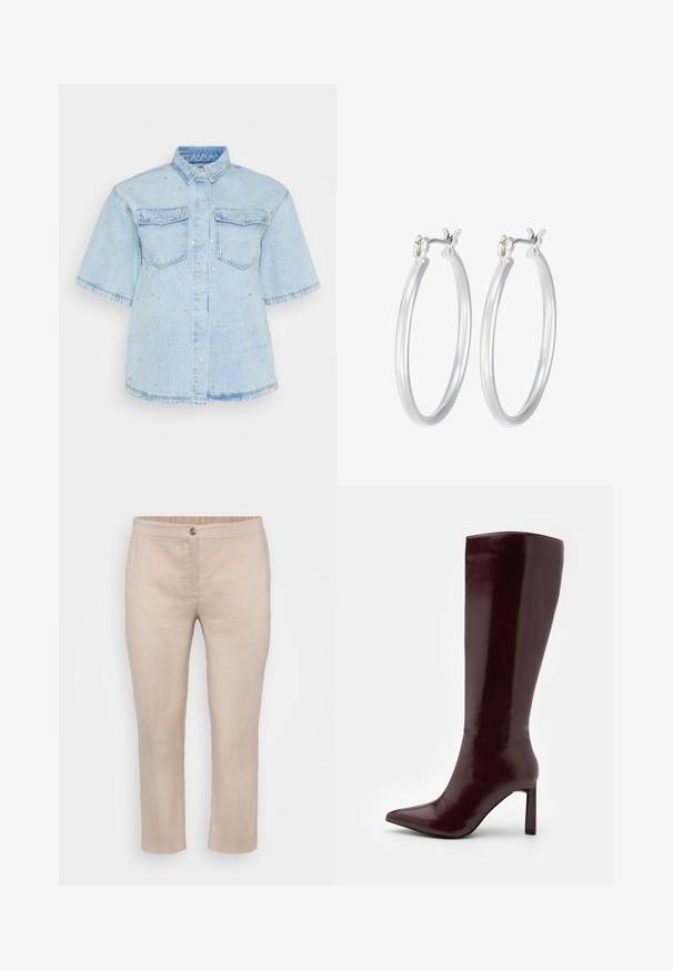 Gai zils džinsa krekls ar īsām piedurknēm, ar divām priekšējām kabatām un rotāts ar mazām sudraba pīrsingiem visā. ; Beige lina iecirtie bikses ar taisnu priekšpusi, pogu aizdari un elastīgu jostasvietu. Gluda tekstūra ar minimālām šuvēm un bez kabatām.; Even&Odd Zābaki - dark red; Sudraba riņķveida auss gredzeni ar gludu, pulētu apdari. Apaļa forma un drošs klikšķa augšējais slēgums. Viegls dizains, kas piemērots ikdienas valkāšanai.