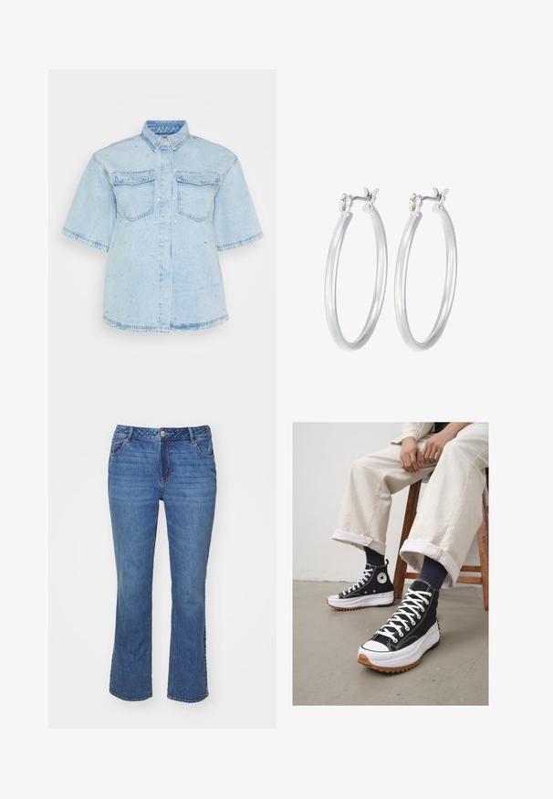 Svetlo modra denim srajca s kratkimi rokavi, ki ima dva sprednja žepka in je okrašena z majhnimi srebrnimi žebljički.; Modri traper hlače z rahlo razširjenim legom, petimi žepi in gumbom za zapiranje, z rahlim zbledelostjo in podrobnostmi šivanja.; Črne visoke tenisice z belimi vezalkami in gumijastim zaščitnim vrhom. Pogrnjen debel bel podplat z teksturiranim rjavim zunanjim podplatom, obute z mornarskimi črtastimi nogavicami.; Srebrni obroči za ušesa z gladko, polirano površino. Okrogla oblika in varna zaponka s klikom. Lahka zasnova, primerna za vsakodnevno nošenje.