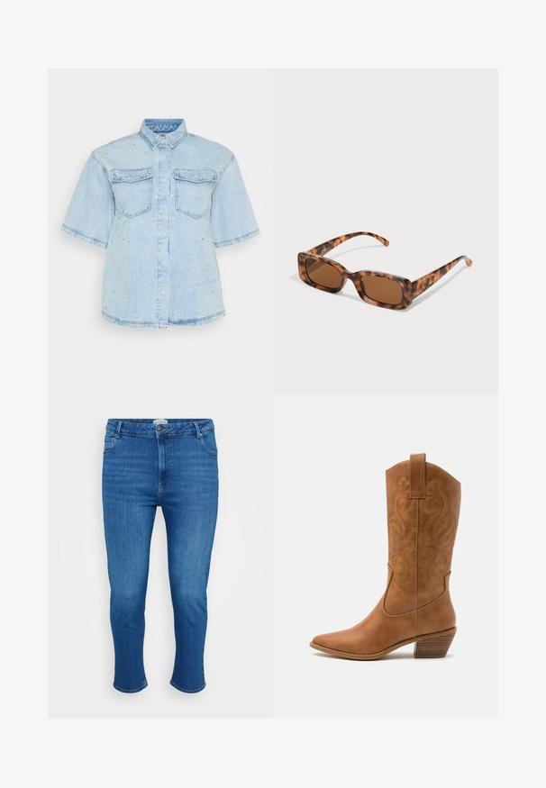 Svetlo modra denim srajca s kratkimi rokavi, ki ima dva sprednja žepka in je okrašena z majhnimi srebrnimi žebljički.; Modre denimske hlače z visoko pasom, sprednjim gumbom in zadrgo, petimi žepi ter ozkim ravnim krojem.; Rjavi usnjeni kauboj čevlji s koničastim nosom, vezenimi vijugastimi vzorci na zgornjem delu in zloženim kvadratnim peto. Imajo zanko za enostavno obuvanje.; Želve sunčane naočale s pravokutnim smešnim lećama, debelim okvirom i tankim ručkama s uzorkom različitih nijansi smeđe boje.; Srebrni obroči za ušesa z gladko, polirano površino. Okrogla oblika in varna zaponka s klikom. Lahka zasnova, primerna za vsakodnevno nošenje.