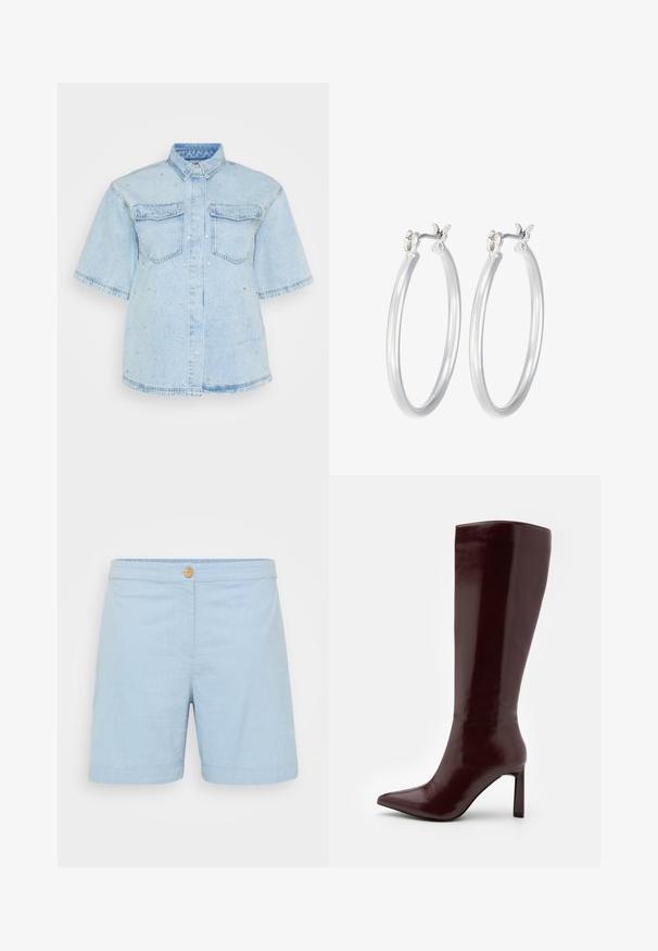 Svetlomodrá deninová košeľa s krátkymi rukávmi, obsahujúca dve predné vrecká a zdobená malými striebornými cvokmi po celom povrchu.; Svetlo modré šortky vyrobené z jemnej textúrovanej tkaniny. Majú jeden drevený gombík v páse a otočený lem.; Even&Odd Čižmy - dark red; Strieborné kruhové náušnice s hladkým, lesklým povrchom. Kolový tvar a bezpečné klikanie na uzatváranie. Ľahký dizajn vhodný na každodenné nosenie.