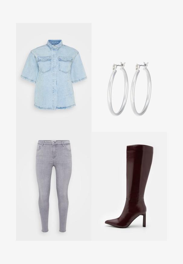 Svetlo modra denim srajca s kratkimi rokavi, ki ima dva sprednja žepka in je okrašena z majhnimi srebrnimi žebljički.; Sive skinny kavbojke, narejene iz denima, s klasičnim pet-pocket dizajnom, zadrgo in gladko teksturo z rahlo raztegljivostjo.; Even&Odd Škornji - dark red; Srebrni obroči za ušesa z gladko, polirano površino. Okrogla oblika in varna zaponka s klikom. Lahka zasnova, primerna za vsakodnevno nošenje.