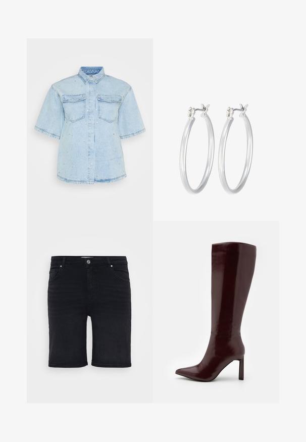 Šviesiai mėlyna džinsinė marškinė su trumpomis rankovėmis, turinti dvi priekines kišenes ir papuošta mažais sidabriniais blizgučiais visame paviršiuje.; Juodi džinsiniai šortai su įprastu kirpimu, penkiais kišenėmis, diržo kilputėmis ir mygtuko uždarymu. Lygus paviršius su švelniu išblukimu.; Even&Odd Batai - dark red; Sidabriniai auskarai su sklandžiu, poliruotu paviršiumi. Apvalios formos ir saugus uždarymo mechanizmas. Lengvas dizainas, tinkantis kasdieniam dėvėjimui.