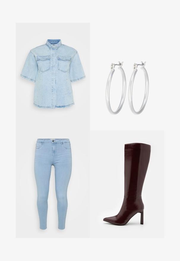 Šviesiai mėlyna džinsinė marškinė su trumpomis rankovėmis, turinti dvi priekines kišenes ir papuošta mažais sidabriniais blizgučiais visame paviršiuje.; Šviesiai mėlynos liesos džinsinės kelnės su mygtuko uždarymu, penkiais kišenėmis ir lygia, šiek tiek išblukusia tekstūra.; Even&Odd Batai - dark red; Sidabriniai auskarai su sklandžiu, poliruotu paviršiumi. Apvalios formos ir saugus uždarymo mechanizmas. Lengvas dizainas, tinkantis kasdieniam dėvėjimui.