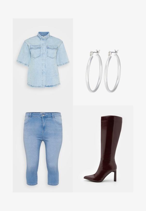 Svetlo modra denim srajca s kratkimi rokavi, ki ima dva sprednja žepka in je okrašena z majhnimi srebrnimi žebljički.; Svetlo modri denim hlače Capri z oprijetim krojem, enim sprednjim žepom in sponko na zadrgo. Dokončane s podkolenico s hemom.; Even&Odd Škornji - dark red; Srebrni obroči za ušesa z gladko, polirano površino. Okrogla oblika in varna zaponka s klikom. Lahka zasnova, primerna za vsakodnevno nošenje.