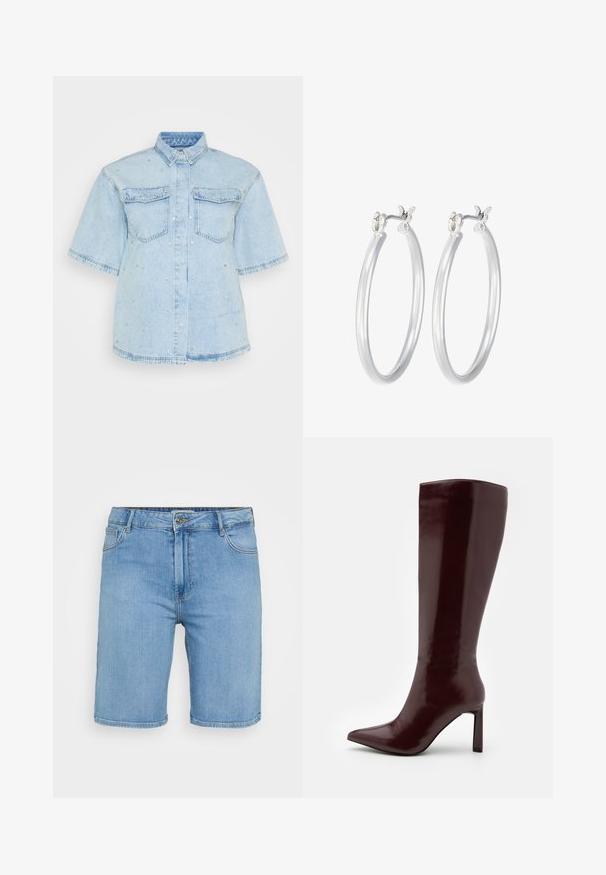 Svetlo modra denim srajca s kratkimi rokavi, ki ima dva sprednja žepka in je okrašena z majhnimi srebrnimi žebljički.; Svijetloplave traper šorts hlače klasičnog kroja, s prednjim zatvaranjem na dugme, petljama za remen i dva bočna džepa. Glatka tekstura i ravni rub.; Even&Odd Škornji - dark red; Srebrni obroči za ušesa z gladko, polirano površino. Okrogla oblika in varna zaponka s klikom. Lahka zasnova, primerna za vsakodnevno nošenje.