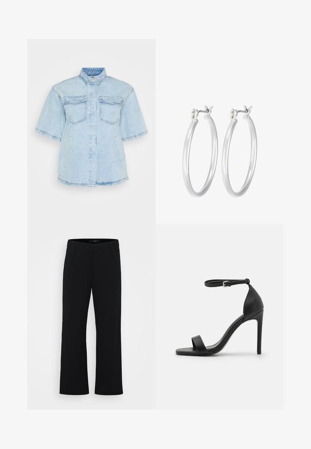 Camisa de mezclilla azul claro de manga corta, con dos bolsillos delanteros y adornada con pequeños remaches plateados en toda la prenda.; Pantalones negros de pierna ancha hechos de una tela suave. Cuentan con una cintura elástica y una textura lisa. Sin patrones o acentos visibles.; Sandalia de tacón alto negra con un diseño elegante, que cuenta con una correa en el tobillo, punta abierta y una textura de cuero suave.; Pendientes de aro de plata con un acabado liso y pulido. Forma redonda y cierre de click seguro. Diseño ligero adecuado para el uso diario.