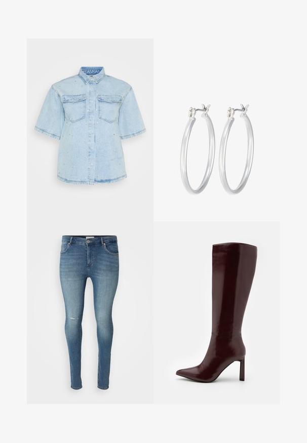 Gai zils džinsa krekls ar īsām piedurknēm, ar divām priekšējām kabatām un rotāts ar mazām sudraba pīrsingiem visā. ; ONLY Carmakoma CARWILLY - Ļoti pieguloši džinsi - medium blue denim; Even&Odd Zābaki - dark red; Sudraba riņķveida auss gredzeni ar gludu, pulētu apdari. Apaļa forma un drošs klikšķa augšējais slēgums. Viegls dizains, kas piemērots ikdienas valkāšanai.