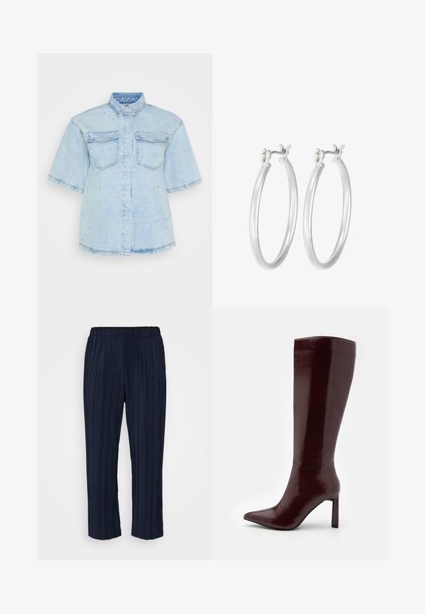 Lys blå denimskjorte med korte ærmer, der har to forlommer og er pyntet med små sølvnitter overalt.; Marineblå plisserede bukser med elastisk talje, der har lodrette mændstriber og en afslappet pasform, der slutter lige over anklerne.; Even&Odd Høje støvler/ Støvler - dark red; Sølv hoop øreringe med en glat, poleret overflade. Rund form og sikker klik-lukning. Letvægtsdesign, der er velegnet til hverdagsbrug.