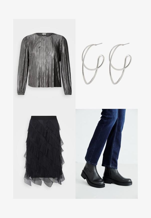 Sidabrinė blizgi ilgomis rankovėmis palaidinė su banguotu tekstūruotu dizainu, suapvalintu kaklu ir elastinėmis rankogaliais. Lygi, blizgi medžiaga.; Juodas tiulis sijonas su sluoksniuotais volanais, elastinga juosta ir laisvu siluetu. Skaidri tekstūra suteikia lengvumo ir judėjimo.; Juoda odinė kulkšninių botų su storu padu ir šoninėmis elastinėmis detalėmis, derinama su tamsiai mėlynomis džinsais. Žemė šviesios spalvos.; Sidabriniai metaliniai kabantys auskarai su sušukavimu, turintys lygų, blizgantį paviršių ir ploną vielos konstrukciją.