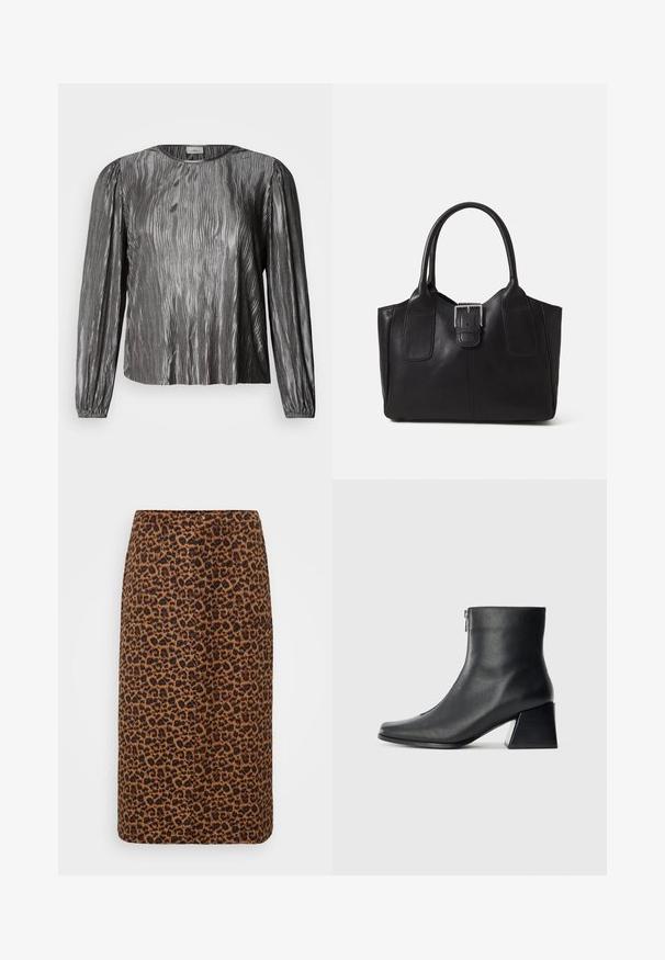 Ezüstszínű hosszú ujjú blúz hullámos textúrájú mintával, kerek nyakkivágással és elasztikus mandzsettákkal. Simább, fényes anyagból.; Leopárdmintás ceruzaszoknya barna és fekete árnyalatokban, sima textúrával, elegáns dizájnnal és egyenes szabással. Zsebekkel is rendelkezik.; Fekete bőr bokacsizma négyzetes orral, oldalsó cipzárral és tömbsarkal, egyszínű világos háttér előtt.; Fekete bőr bevásárlótáska sima textúrával, strukturált formával, két fogantyúval és egy figyelemfelkeltő ezüst csattal az elején.