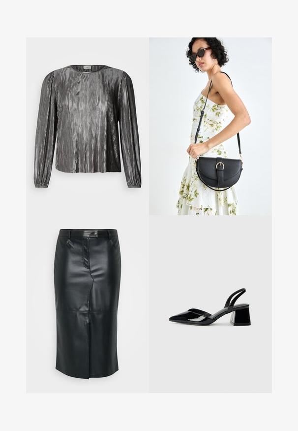 Blusa prateada de manga comprida com um padrão texturizado ondulado, apresentando um decote redondo e punhos elásticos. Tecido liso e brilhante.; Saia lápis de couro preto com um corte a meio comprimento, fenda frontal, fecho de botão e detalhes de costura discretos. Textura suave e elegante.; Sandy em verniz preto com salto slingback, ponta afilada e salto geométrico. Apresenta um design elegante e minimalista com textura suave.; Bolsa de couro preta com forma curva, alça destacável e detalhes em dourado. A bolsa possui uma aba com detalhe de fivela.