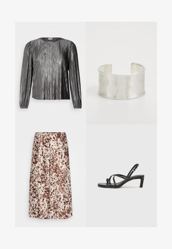 Sølvfarget bluse med lange ermer og bølgete tekstur, med rund hals og elastiske mansjetter. Glatt, blankt stoff.; Mid-length skjørt laget av glatt stoff, med en kremfarget bakgrunn og brune, sprut-lignende mønstre. Elastisk midje for komfort.; Sorte sandaler med stropper, firkantet tå og lav blokk hæl. Har flere tynne stropper og en justerbar ankelstropp. Laget av glatt lær.; Zign Armbånd - silver-coloured