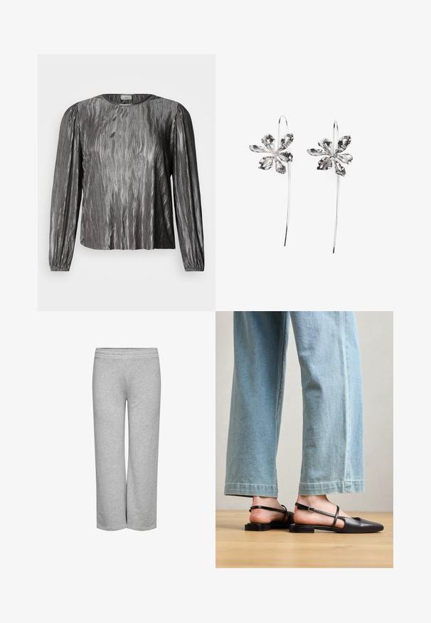 Srebrna bluza z dolgimi rokavi z valovitim teksturiranim vzorcem, okrogel izrez in elastični manšeti. Gladek, sijoč material.; Sive hlače s širokimi hlačnicami, mehko teksturo in elastičnim pasom, brez vidnih vzorcev ali kovinskih detajlov.; Črne usnjene škornje s usnjenim trakom, koničastim nosom, nizkim petam in trakovi okoli gležnja; nosi se z svetlo modrimi širokimi hlačami.; Srebrne uhani v obliki rože z teksturirano površino, ki imajo dolge kavljice in podrobnosti, podobne cvetnim listom, kar ustvarja zapleten dizajn.