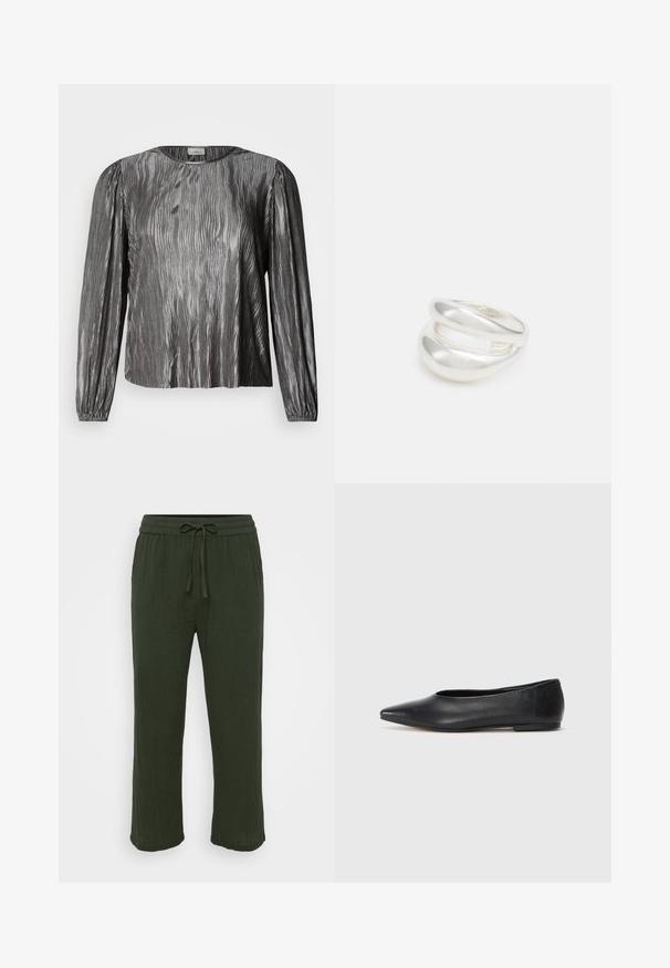 Srebrna bluza z dolgimi rokavi z valovitim teksturiranim vzorcem, okrogel izrez in elastični manšeti. Gladek, sijoč material.; Temno zelene, lahke, široke hlače iz teksturiranega materiala z elastičnim pasom in vrvico za prilagajanje.; Črne usnjene balerinke, koničast toe, minimalističen dizajn, gladka tekstura, nizka peta, brez vidnih kovinskih delov ali okraskov.; Srebrn dvojni prstan z gladko, polirano površino. Ima tekoč, ukrivljen dizajn z prekrivajočimi se sekcijami za sodoben videz.