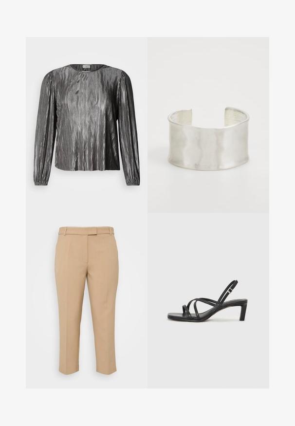 Silberne Langarmbluse mit wellenförmigem, strukturiertem Design, einem rundem Ausschnitt und elastischen Bündchen. Glatter, glänzender Stoff.; Beige maßgeschneiderte Hose mit geradem Schnitt, mittelhohem Bund und seitlichen Taschen. Glatte Textur mit markanten Falten und umgeschlagenem Knöchelsaum.; Schwarze Sandale mit Riemchen, quadratischer Zehenform und niedrigem Blockabsatz. Verfügt über mehrere dünne Riemen und einen verstellbaren Knöchelriemen. Hergestellt aus glattem Leder.; Zign Armband - silver-coloured