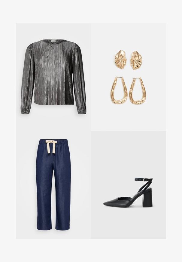 Sidabrinė blizgi ilgomis rankovėmis palaidinė su banguotu tekstūruotu dizainu, suapvalintu kaklu ir elastinėmis rankogaliais. Lygi, blizgi medžiaga.; Tamsiai mėlynos lininės kelnės su laisvu siluetu, elastinga juosta ir kreminiu raiščiu. Pagrindinė tekstūra, trumpa ilgis, be matomų raštų.; Juoda odinė smailiagalė aukštakulnio bateliai su kulkšnies dirželiu ir storu kulnu. Lygus paviršius, elegantiškas dizainas ir minimalistiška estetinė. ; Auksinės auskarai, turintys tekstūruotus, bangų formos elementus. Įeina skulptūriniai segami auskarai ir atviri lankai su išmuštu paviršiumi.