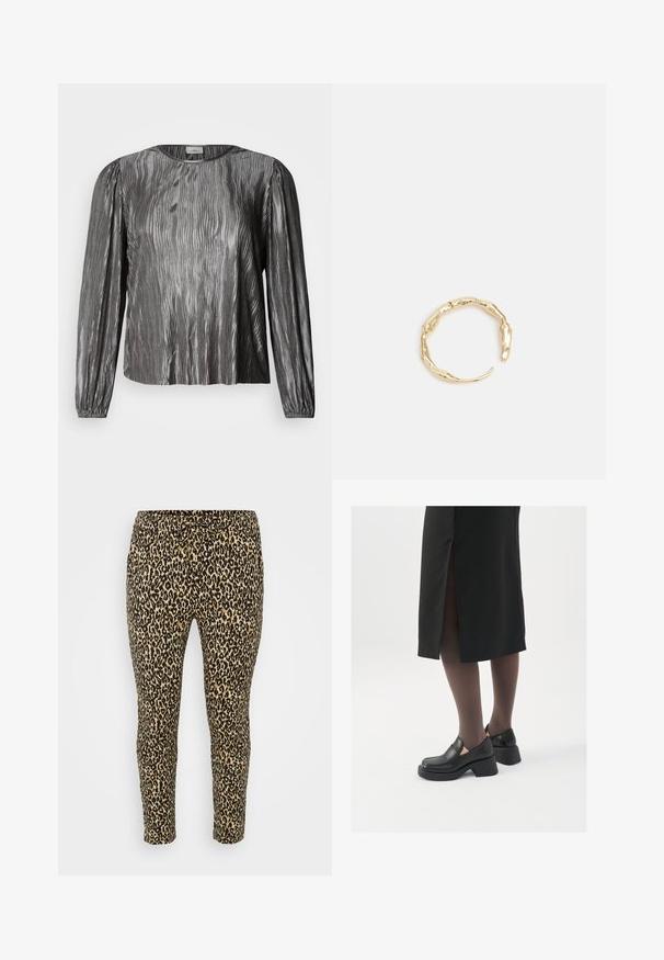 Srebrna bluzka z długim rękawem o falistym, teksturowanym wzorze, z okrągłym dekoltem i ściągaczami na mankietach. Gładki, błyszczący materiał.; Legginsy w motyw panterki w kolorze beżowym i czarnym, z elastycznym paskiem w talii, dopasowanym krojem oraz miękkim, rozciągliwym materiałem dla wygody.; Czarne skórzane buty z okrągłym noskiem, grubym blokowym obcasem i elastycznymi akcentami po bokach, zestawione z ciemnymi rajstopami i czarną spódnicą z rozcięciem.; Pierścionek w odcieniu złota z organicznym, skręconym wzorem, o gładkiej fakturze i zwężających się końcach, tworzący nowoczesny, rzeźbiarski wygląd.