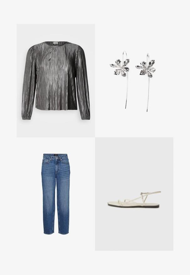 Sidabrinė blizgi ilgomis rankovėmis palaidinė su banguotu tekstūruotu dizainu, suapvalintu kaklu ir elastinėmis rankogaliais. Lygi, blizgi medžiaga.; Mėlyni aukštakulniai džinsai tiesiomis kojomis, turintys penkias kišenes ir subtilų blukimą. Medžiaga – tvirtas džinsas su lygiu paviršiumi.; Bežiniai plokšti sandalai su keliais lieknais dirželiais ir reguliuojamu užsegimu. Padas plokščias, su lengvu tamsiu kontrastu krašte.; Sidabrinės gėlių formos auskarai su tekstūruotu paviršiumi, turintys ilgas kabliuko formas ir žiedlapiams panašius detalizavimo elementus, sudarantys sudėtingą dizainą.