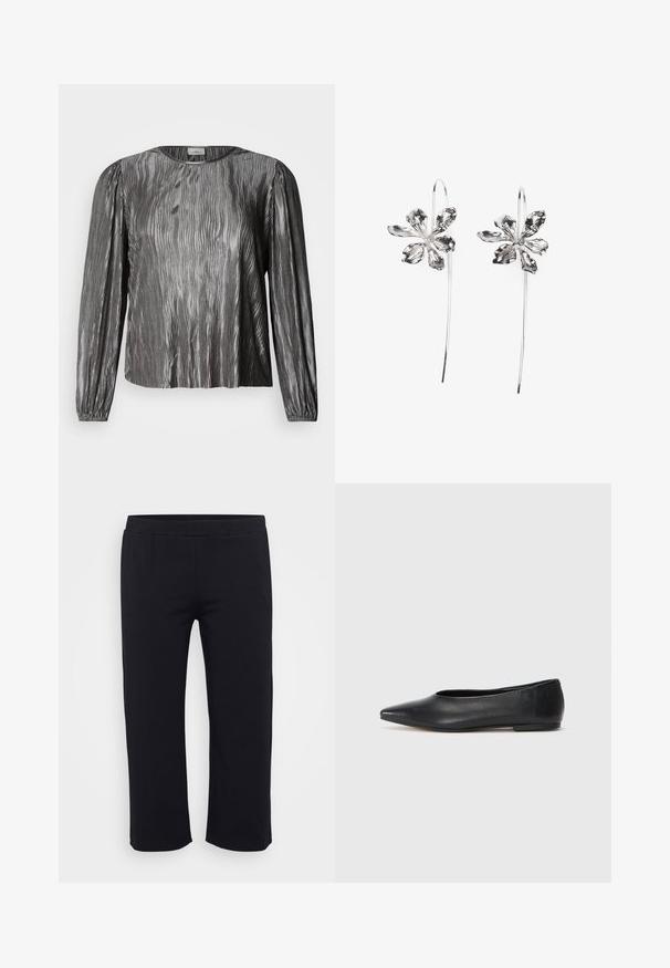Silver long-sleeve blouse with a wavy textured design, featuring a round neckline and elasticized cuffs. Smooth, shiny fabric.; Black, lightweight, elastic waist pants. Cropped design with straight legs. Made of a smooth, fine texture material. No visible patterns or hardware.; Black leather ballet flat, pointed toe, minimalistic design, smooth texture, low-profile heel, no visible hardware or embellishments.; Silver flower-shaped earrings with a textured finish, featuring long hooks and petal-like details for an intricate design.