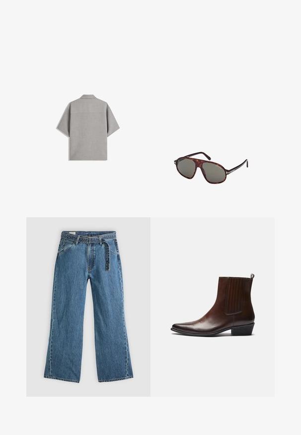 Bershka SHORT SLEEVE TAILORED - Shirt - dark grey; Blue denim wide-leg jeans with attached belt, front pockets, and visible stitching on a plain light background.; Brown leather ankle boot with a pointed toe, elastic side panels, textured detailing on the front, and a low stacked heel.; Tortoiseshell sunglasses with dark lens, aviator-inspired shape, slim metal accents on the arms, and a polished finish.