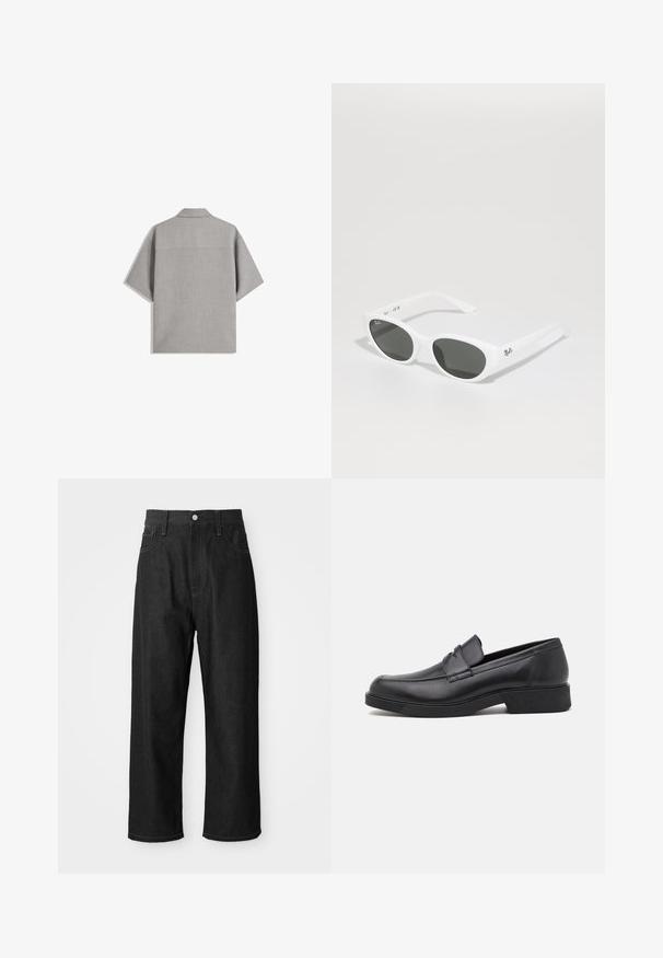 Bershka SHORT SLEEVE TAILORED - Shirt - dark grey; Black denim pants with a relaxed fit, high waist, zipper closure, and five-pocket design. Visible stitching accents throughout.; Black leather loafer with a rounded toe and stitched detailing. Features a flat sole and a slight heel for added elevation.; White sunglasses with rounded frames and dark lenses. Features a smooth plastic texture and small logo on the temple.