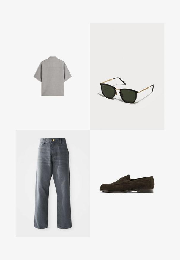 Bershka SHORT SLEEVE TAILORED - Skjorter - dark grey; Sorte løse herrejeans i grådenim med brede ben, fremadskuende lommer og en enkelt synlig guldknap i taljen.; Brune ruskinds loafers med en rund tå, der har en dekorativ rem over det øverste, og en lav læderhæl. Glat tekstur og minimalistisk design.; Sorte katteøjede solbriller med grønne linser, guld metal accenter og slanke sorte arme. Tekstureret stel med et dristigt, geometrisk design.
