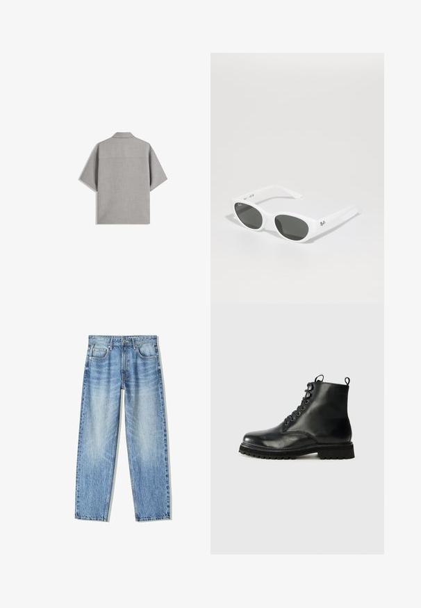 Bershka SHORT SLEEVE TAILORED - Camicia - dark grey; Jeans in denim azzurro chiaro con vestibilità ampia, design a gamba dritta, cinque tasche e texture sbiadita. Comprendono una chiusura anteriore con bottone e zip.; Stivaletto in pelle nera con punta arrotondata, allacciatura frontale e suola in gomma testurizzata. Presenta una linguetta sul tallone e cuciture a contrasto.; Occhiali da sole bianchi con montatura arrotondata e lenti scure. Presentano una superficie in plastica liscia e un piccolo logo sulla tempia.