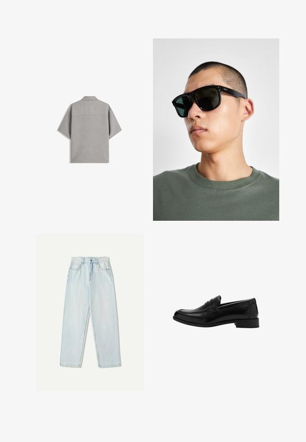 Bershka SHORT SLEEVE TAILORED - Camicia - dark grey; Jeans in denim azzurro chiaro con una vestibilità comoda, design a gamba dritta, stile a cinque tasche e leggere sfumature sul tessuto.; Mocassino in pelle nera con punta arrotondata, dettaglio frontale plissettato, accenti testurizzati e tacco basso, su sfondo semplice.; Occhiali da sole rettangolari neri con lenti scure, caratterizzati da una forma distintiva e un marchio sulla parte tempiale. Indossati da una persona con una maglietta verde.