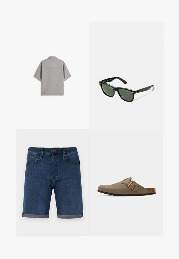 Bershka SHORT SLEEVE TAILORED - Skjorta - dark grey; Jeansshorts i mörkblått med en rullad grå fåll. Har klassisk femfickdesign och en knappstängning vid midjan.; Bruna träklackar med en slät, matt yta. Har en framträdande bronsspänne på sidan. Korkfotbädd och gummisula för komfort.; Svarta plastsolglasögon med gröna linser, fyrkantiga bågar, silverdetalj på ögonbrynet och texturerade skalmar. Angiven märkning på den inre skalmen.