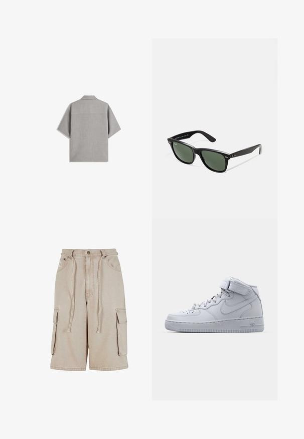 Bershka SHORT SLEEVE TAILORED - Ing - dark grey; Bézs vászon cargo rövidnadrág, állítható derekú zsinórral, két oldalsó zsebből és egy egyoldalas zsebből áll, látható varrási részletekkel.; Magas szárú szürke Nike Air Force 1 sportcipők bőrből készült felsőrészsel, párnázott bokarésszel és tépőzárral. Ikonikus dizájn jellemzi a perforált orrdoboz.; Fekete műanyag napszemüveg zöld lencsékkel, négyzet alakú kerettel, ezüst díszítéssel a keret felső részén, valamint texturált szárakkal. A márka neve a belső száron található.