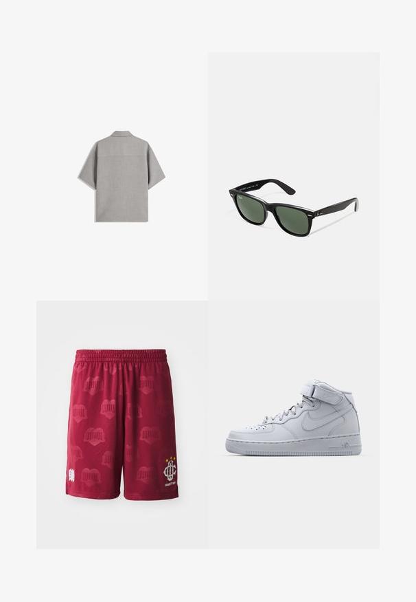 Bershka SHORT SLEEVE TAILORED - Shirt - dark grey; Maroon sports shorts with an elastic waistband, featuring a subtle pattern of hearts and a white logo with three stars on one leg.; High-top gray Nike Air Force 1 sneakers with leather upper, padded collar, and a Velcro strap. Iconic design features perforated toe box.; Black plastic sunglasses with green lenses, square frames, silver accent on the brow, and textured temple arms. Stated brand on inner arm.